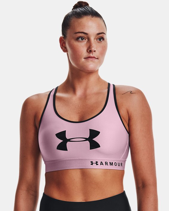 Damen Armour® Mid Sport-BH mit Schlüsselloch-Design und Grafik, Pink, pdpMainDesktop image number 2